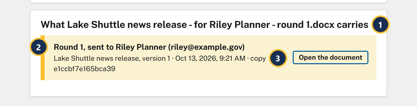 The result for a dropped file. Callout 1 marks the heading What Lake Shuttle news release - for Riley Planner - round 1.docx carries. Callout 2 marks the result: Round 1, sent to Riley Planner (riley@example.gov). Callout 3 marks the line under it: Lake Shuttle news release, version 1, the date and time, and the copy's ID. An Open the document button is on the right.
