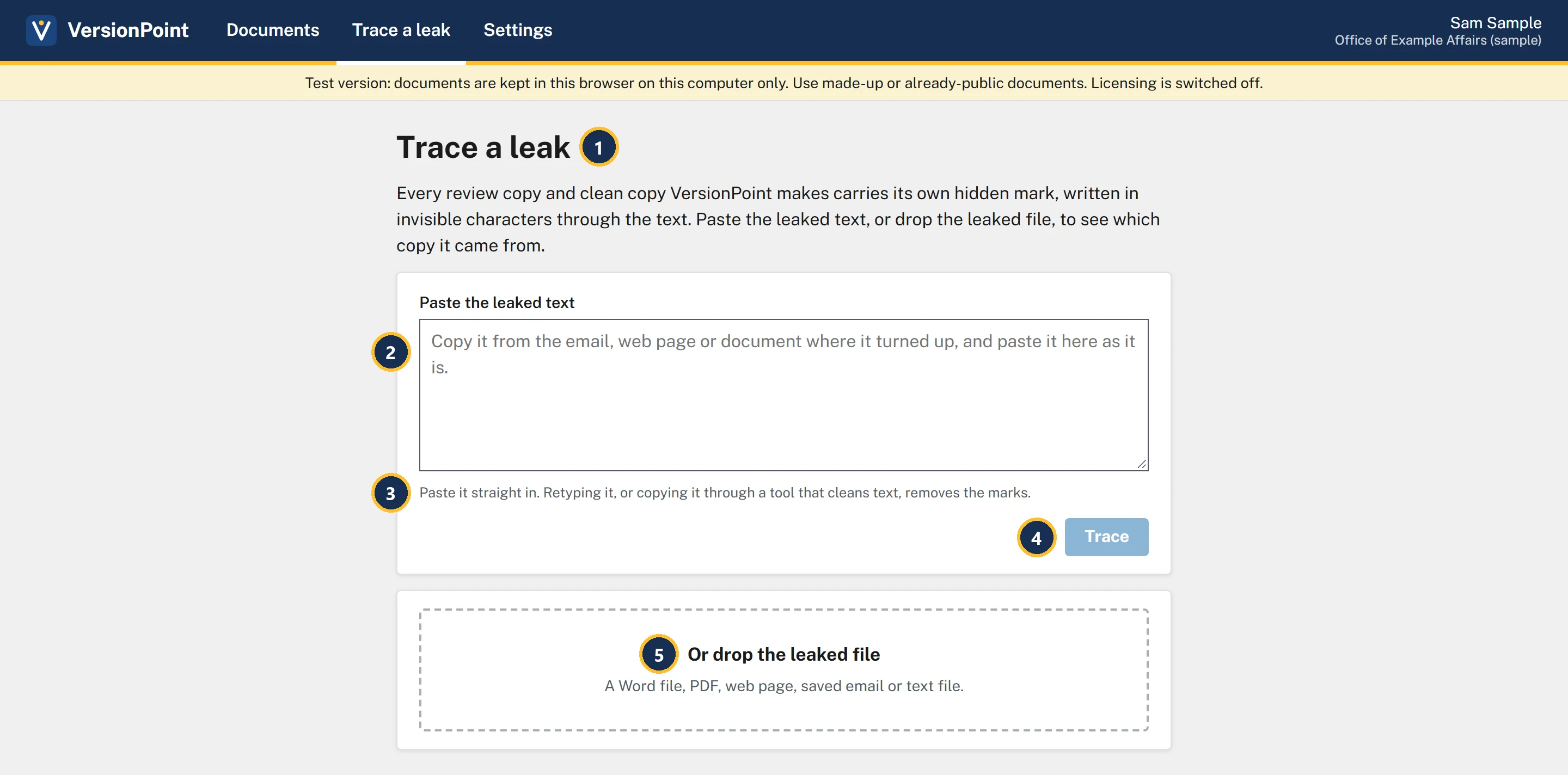 The Trace a leak page, opened from Trace a leak in the bar at the top, between Documents and Settings. Callout 1 marks the heading Trace a leak, with the line: Every review copy and clean copy VersionPoint makes carries its own hidden mark, written in invisible characters through the text. Paste the leaked text, or drop the leaked file, to see which copy it came from. Callout 2 marks the empty Paste the leaked text box. Callout 3 marks the line under it: Paste it straight in. Retyping it, or copying it through a tool that cleans text, removes the marks. Callout 4 marks the Trace button, greyed out while the box is empty. Callout 5 marks Or drop the leaked file, with A Word file, PDF, web page, saved email or text file.